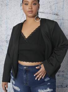 SHEIN CURVE+ Plus Zip Pocket Open Front Blazer - Black - View 3