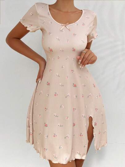 CottageSlumber 小碎花印花生菜边开衩下摆睡衣睡裙