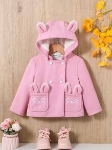 SHEIN Baby Girl Leisure Cute Rabbit Ear Design Hooded Fleece Jacket - Dusty Pink - View 1