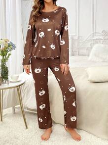 Cartoon Graphic Tee & Pants PJ Set / Pajama Set, Fall Winter Clothes Cozy And Elegant Details