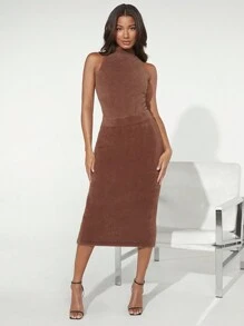 SHEIN BASICS Solid Pencil Knit Skirt - Brown - View 3