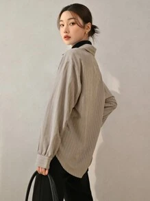 DAZY 条纹印花落肩衬衫、长袖上衣、返校服 - 杏色 - 查看 2