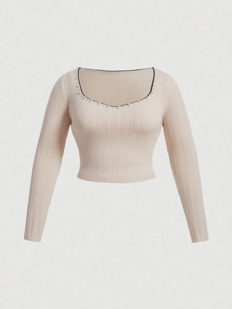 Plus Pearls Beaded Scoop Neck Sweater