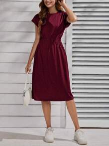 SHEIN LUNE 纯色蝙蝠袖连衣裙 休闲女装，休闲款 - 玫瑰紅 - 查看 4