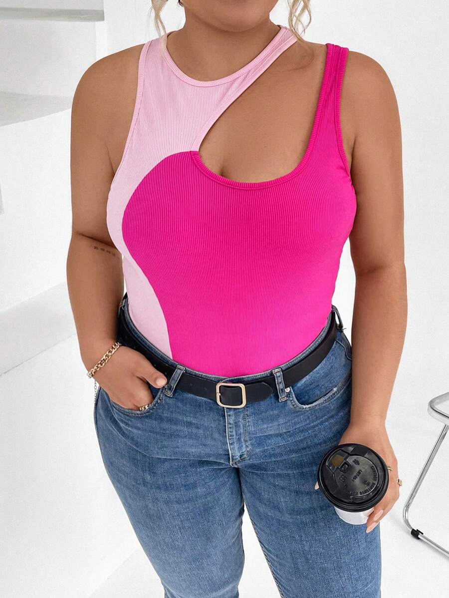 SHEIN LUNE Plus Two Tone Cut Out Tank Bodysuit - Multicolor - View 1