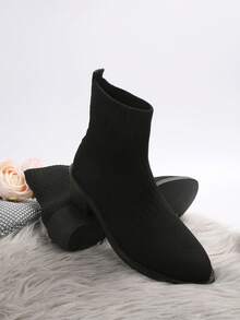 時尚女士針織襪短靴,中跟彈性滑入短靴 - 黑色 - 查看 7