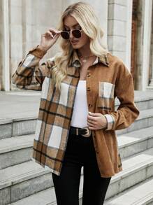 SHEIN LUNE Plaid Panel Drop Shoulder Corduroy Coat - Multicolor - View 1