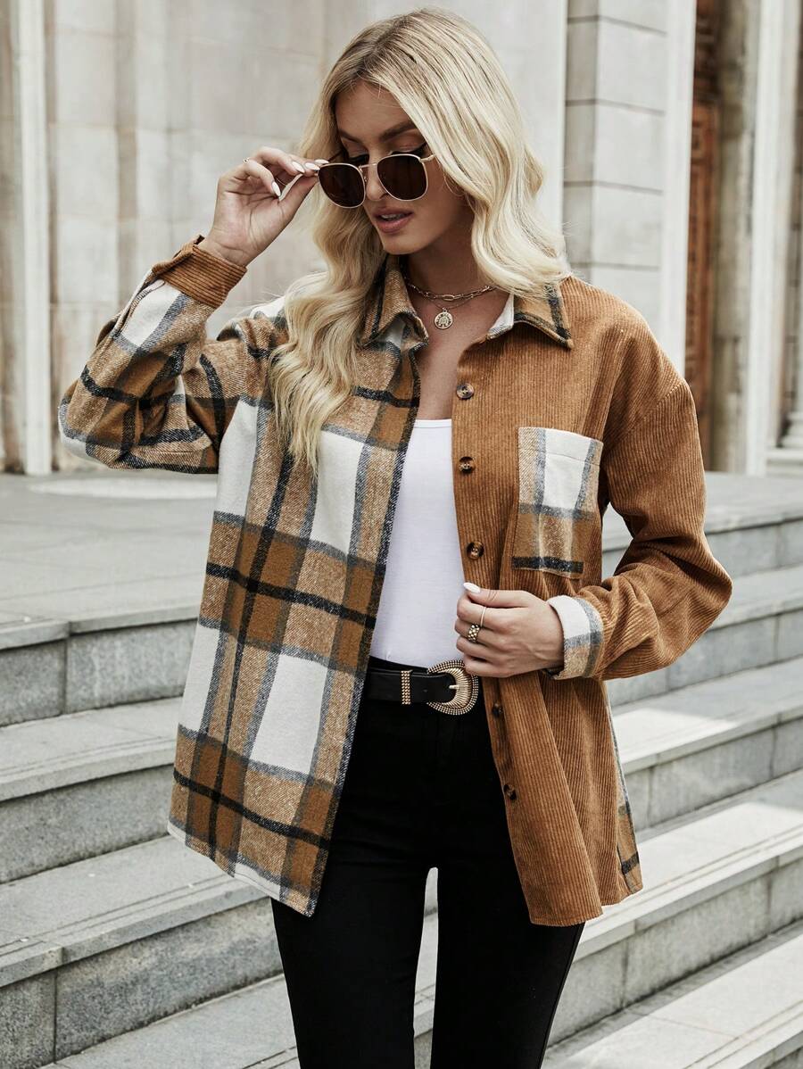 SHEIN LUNE Plaid Panel Drop Shoulder Corduroy Coat - Multicolor - View 1