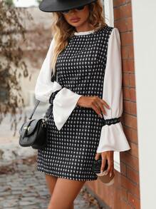 SHEIN Clasi 幾何印花喇叭袖洋裝 - 黑與白 - 查看 7