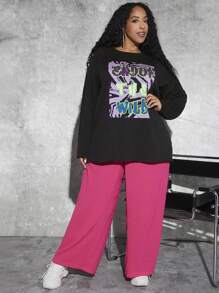 SHEIN CURVE+ 大码字母图案落肩毛衣 - 黑色 - 查看 6