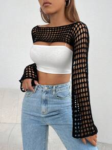 SHEIN EZwear 鏤空短款毛衣不附吊帶上衣 - 黑色 - 查看 6