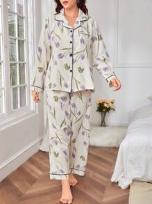 Plus Floral Print Contrast Piping PJ Set / Pajama Set - Beige - View 4