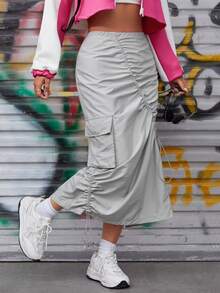 SHEIN PETITE Drawstring Ruched Flap Pocket Side Skirt - Grey - View 4