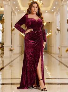 SHEIN Belle 勃艮第红色加大甜心领裹身下摆天鹅绒连衣裙正式连衣裙曲线 - 酒紅色 - 查看 5