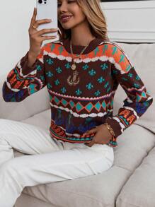 SHEIN LUNE Geo Pattern Drop Shoulder Sweater Knit Pullover Fall Winter Outfit - Multicolor - View 4