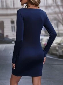 SHEIN Clasi Button Detail Ruched Bodycon Dress - Navy Blue - View 2