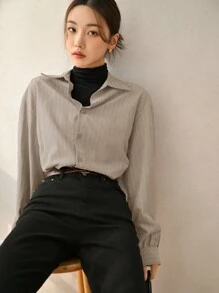 DAZY 条纹印花落肩衬衫、长袖上衣、返校服 - 杏色 - 查看 3