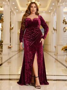 SHEIN Belle 勃艮第红色加大甜心领裹身下摆天鹅绒连衣裙正式连衣裙曲线 - 酒紅色 - 查看 7