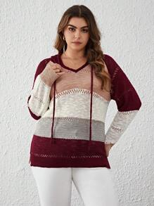 SHEIN Clasi Talla grande Jersey de color combinado de manga raglán con cordón con capucha - Burdeos - Ver 4