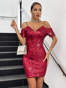 Allurite 挖肩亮片緊身洋裝 - 酒紅色 - 查看 1