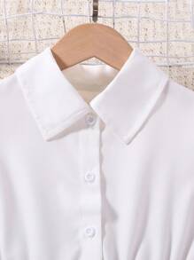SHEIN Cô gái Tween tay áo lá sen Hem cao thấp Váy sơ mi - trắng - Xem 5