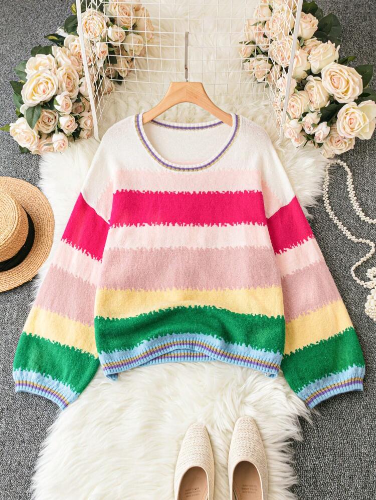 Plus Color Block Drop Shoulder Sweater Knit Pullover Fall Winter Sweater