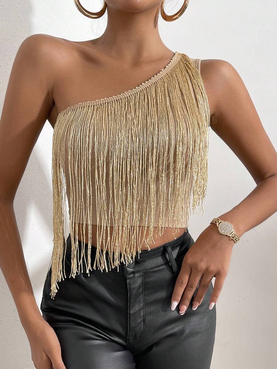 SHEIN Allurite One Shoulder Fringe Trim Crop Top