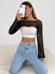 SHEIN EZwear 鏤空短款毛衣不附吊帶上衣 - 黑色 - 查看 4