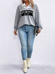 SHEIN LUNE 加大码字母图案落肩二合一卫衣套头衫秋季卫衣 - 灰色 - 查看 3