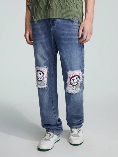 Street Life Homme Jean Droit Dessin Animé Déchiré