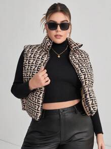 SHEIN Essnce 大碼滿版印花拉鏈開襟羽絨背心大衣 - 彩色 - 查看 3