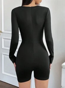 Flirla Solid V Neck Unitard Romper - Black - View 2