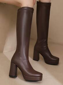 咖啡棕色弹力紧身高跟靴，秋冬季女士时尚之选 - 咖啡棕 - 查看 4