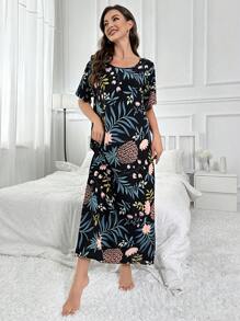 Váy ngủ Pijama in họa tiết nhiệt đới dài - màu đen - Xem 3