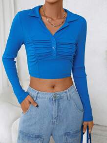 SHEIN EZwear Viền mặt trước Áo phông Crop - Màu xanh lam - Xem 3