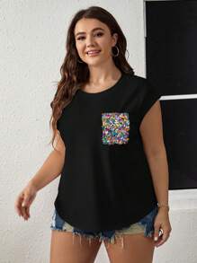 SHEIN LUNE 夏季撞色亮片贴袋蝙蝠袖 T 恤 - 黑色 - 查看 4