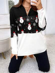 Calvaya Plus Size Christmas Snowman Print Half Zip Sweatshirt - Black and White - View 5