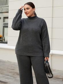 RueChic Plus Turtleneck Drop Shoulder Sweater & Knit Pants, For Winter - Dark Grey - View 4