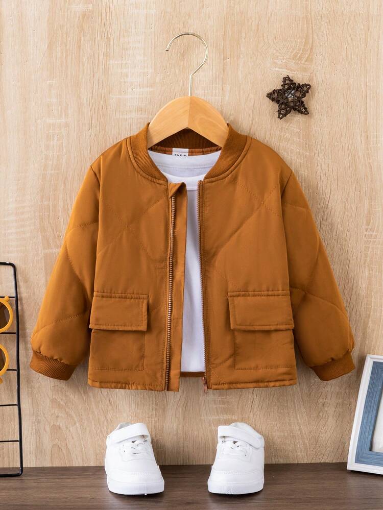 Baby Boy 1pc Flap Pocket Zipper Front Bomber Jacket