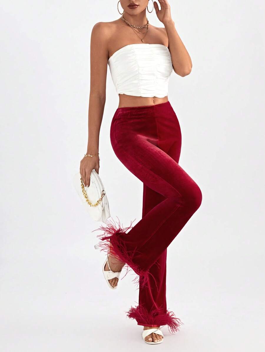 SHEIN Privé Fuzzy Hem Velvet Flare Leg Pants