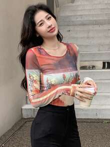 Tie Dye Lettuce Trim Mesh Top - Multicolor - View 3