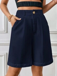 SHEIN Essnce Bermudas con cierre de cremallera - Azul Marino - Ver 3