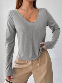 SHEIN EZwear Camiseta unicolor de cuello notch - Gris Claro - Ver 7