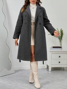 SHEIN Privé Plus Lapel Neck Double Breasted Belted Overcoat In Fall/Winter - Dark Grey - View 1