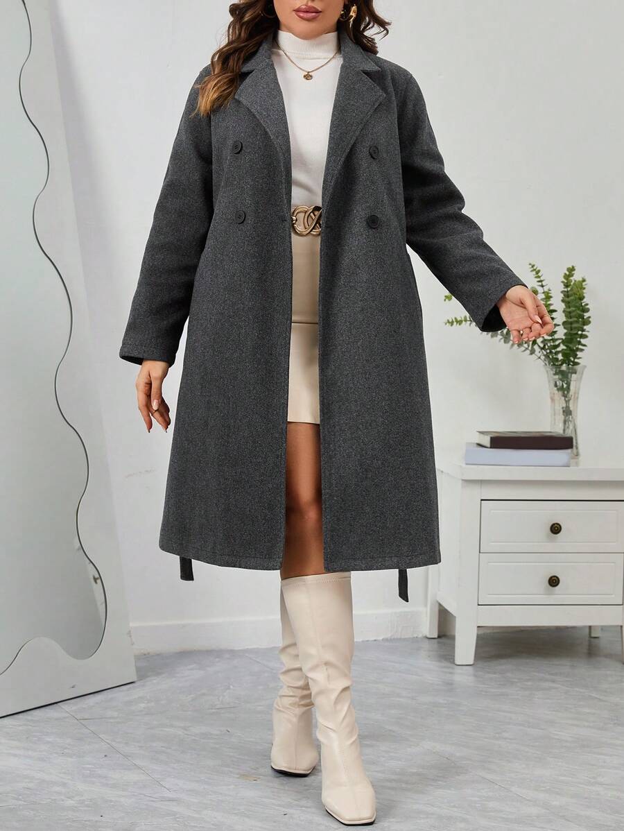 SHEIN Privé Plus Lapel Neck Double Breasted Belted Overcoat In Fall/Winter - Dark Grey - View 1