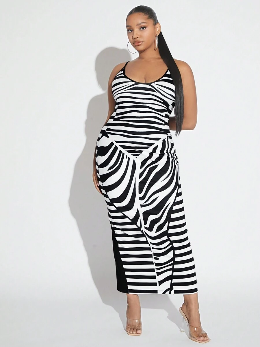 SHEIN SXY Talla grande Vestido ajustado de tirantes con estampado de rayas de cebra - Blanco y Negro - Ver 1