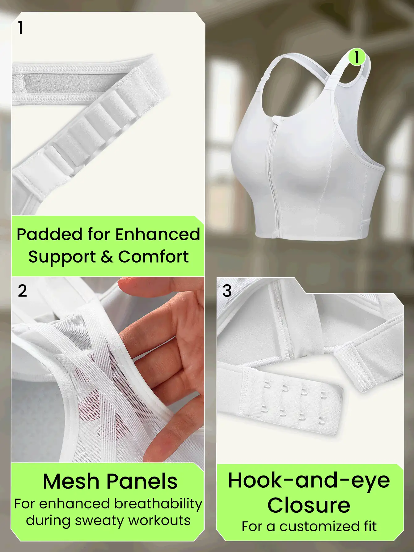 GLOWMODE High Support Zip Front Buckle Up Racerback Sports Bra Gym Workout Active Tank Quick Dry Moisture Wicking - White - View 7