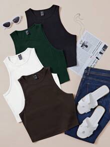 Chiquease 4 件纯色背心图案 T 恤女式上衣 - 彩色 - 查看 4