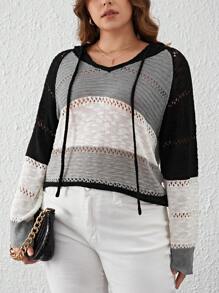 SHEIN LUNE Jersey con capucha y cordón de manga raglán de punto pointelle color combinado - Negro - Ver 1