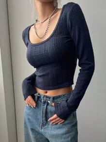 DAZY 纯色圆领短款T恤长袖女式上衣 - 藏蓝色 - 查看 7